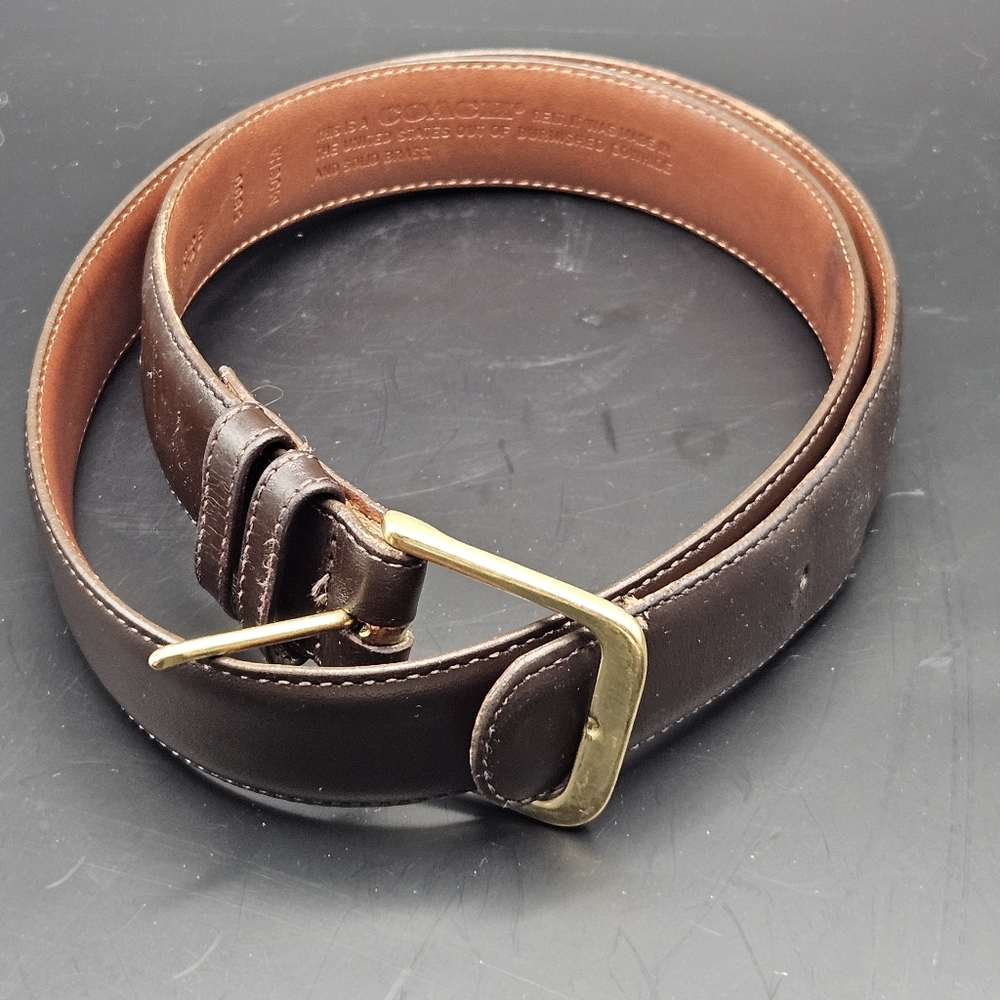Coach 34" Brown and Gold Leather Belt with Brass Buckle